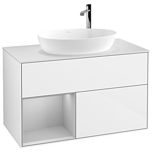 Villeroy und Boch Finion Waschtischunterschrank G891GJGF 100cm, Abdeckplatte white matt, Emotion, Regale Light grey matt lacquer, Glossy white lacquer