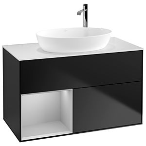 Villeroy und Boch Finion Waschtischunterschrank G891GJPD 100cm, Abdeckplatte white matt, Emotion, Regale Light grey matt lacquer, Black matt lacquer