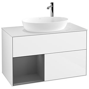 Villeroy und Boch Finion Waschtischunterschrank G891GKGF 100cm, Abdeckplatte white matt, Emotion, Regale Anthracite matt lacquer, Glossy white lacquer