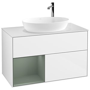 Villeroy und Boch Finion Waschtischunterschrank G891GMGF 100cm, Abdeckplatte white matt, Emotion, Regale Olive matt lacquer, Glossy white lacquer