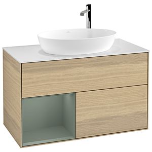 Villeroy et Boch Finion Villeroy et Boch G891GMPC 100cm, plaque de recouvrement blanc mat, Emotion, étagères laqué olive mat, Oak Veneer