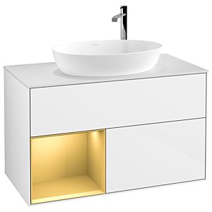 Villeroy und Boch Finion Waschtischunterschrank G891HFGF 100cm, Abdeckplatte white matt, Emotion, Regale Gold matt lacquer, Glossy white lacquer