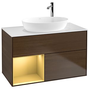 Villeroy und Boch Finion Waschtischunterschrank G891HFGN 100cm, Abdeckplatte white matt, Emotion, Regale Gold matt lacquer, Walnut veneer