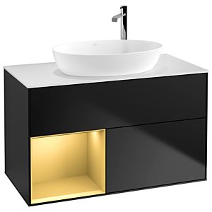 Villeroy und Boch Finion Waschtischunterschrank G891HFPD 100cm, Abdeckplatte white matt, Emotion, Regale Gold matt lacquer, Black matt lacquer