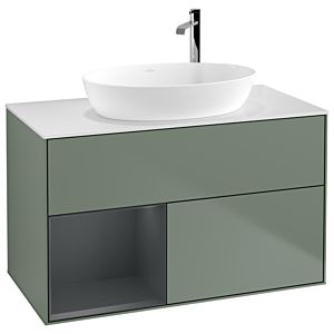 Villeroy und Boch Finion Waschtischunterschrank G891HGGM 100cm, Abdeckplatte white matt, Emotion, Regale Midnight matt lacquer, Olive Matt Lacquer
