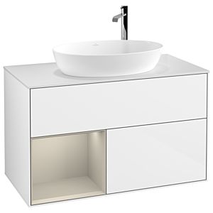 Villeroy und Boch Finion Waschtischunterschrank G891HHGF 100cm, Abdeckplatte white matt, Emotion, Regale sand matt lacquer, Glossy white lacquer