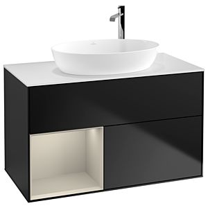 Villeroy und Boch Finion Waschtischunterschrank G891HHPD 100cm, Abdeckplatte white matt, Emotion, Regale sand matt lacquer, Black matt lacquer