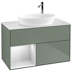 Villeroy et Boch Finion Villeroy et Boch G891MTGM 100cm, plaque de recouvrement blanc mat, Emotion, étagères laqué blanc mat, Olive Matt Lacquer