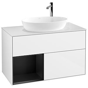 Villeroy und Boch Finion Waschtischunterschrank G891PDGF 100cm, Abdeckplatte white matt, Emotion, Regale Black matt lacquer, Glossy white lacquer