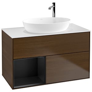Villeroy und Boch Finion Waschtischunterschrank G891PDGN 100cm, Abdeckplatte white matt, Emotion, Regale Black matt lacquer, Walnut veneer
