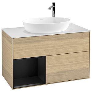 Villeroy et Boch Finion Villeroy et Boch G891PDPC 100cm, plaque de recouvrement blanc mat, Emotion, étagères laqué noir mat, Oak Veneer