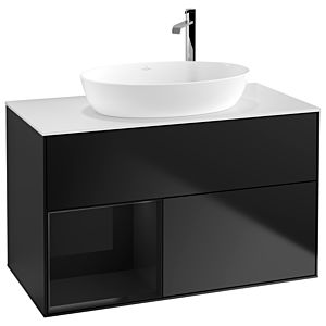 Villeroy und Boch Finion Waschtischunterschrank G891PHPD 100cm, Abdeckplatte white matt, Emotion, Regale Glossy black lacquer, Black matt lacquer
