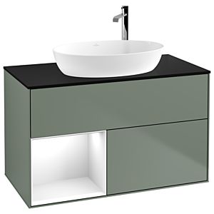 Villeroy und Boch Finion Waschtischunterschrank G892GFGM 100cm, Abdeckplatte black matt, Emotion, Regale Glossy white lacquer, Olive Matt Lacquer