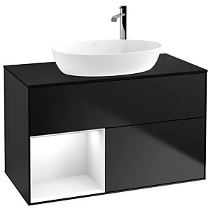 Villeroy und Boch Finion Waschtischunterschrank G892GFPD 100cm, Abdeckplatte black matt, Emotion, Regale Glossy white lacquer, Black matt lacquer