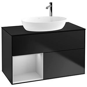 Villeroy und Boch Finion Waschtischunterschrank G892GJPD 100cm, Abdeckplatte black matt, Emotion, Regale Light grey matt lacquer, Black matt lacquer