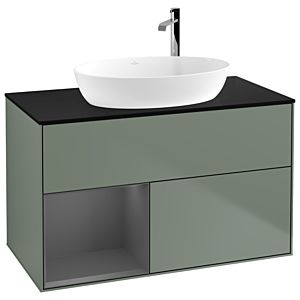 Villeroy und Boch Finion Waschtischunterschrank G892GKGM 100cm, Abdeckplatte black matt, Emotion, Regale Anthracite matt lacquer, Olive Matt Lacquer