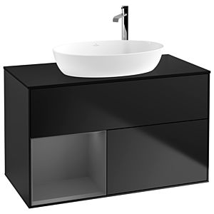 Villeroy und Boch Finion Waschtischunterschrank G892GKPD 100cm, Abdeckplatte black matt, Emotion, Regale Anthracite matt lacquer, Black matt lacquer