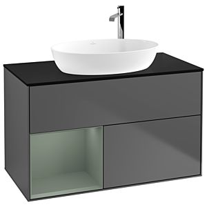 Villeroy et Boch Finion Villeroy et Boch G892GMGK 100cm, plaque de recouvrement noir mat, Emotion, étagères laqué olive mat, anthracite mat