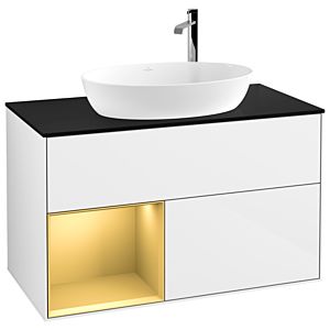 Villeroy und Boch Finion Waschtischunterschrank G892HFGF 100cm, Abdeckplatte black matt, Emotion, Regale Gold matt lacquer, Glossy white lacquer
