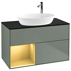 Villeroy und Boch Finion Waschtischunterschrank G892HFGM 100cm, Abdeckplatte black matt, Emotion, Regale Gold matt lacquer, Olive Matt Lacquer