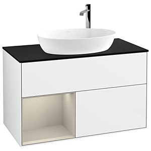 Villeroy und Boch Finion Waschtischunterschrank G892HHGF 100cm, Abdeckplatte black matt, Emotion, Regale sand matt lacquer, Glossy white lacquer
