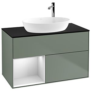Villeroy et Boch Finion Villeroy et Boch G892MTGM 100cm, plaque de recouvrement noire mate, Emotion, étagères Olive Matt Lacquer blanc mat, Olive Matt Lacquer