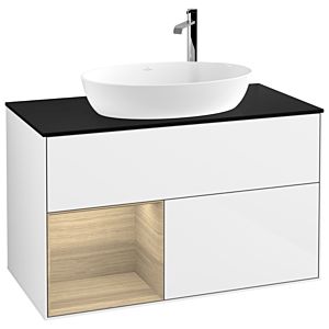 Villeroy et Boch Finion G892PCGF 100cm, plaque de recouvrement noire mate, Emotion, étagères Oak Veneer , laqué blanc brillant