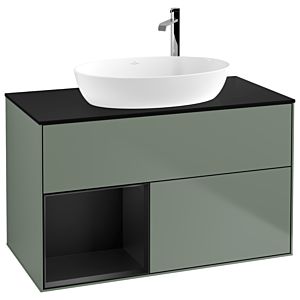 Villeroy et Boch Finion G892PDGM 100cm, plaque de recouvrement noire mate, Emotion, étagères Olive Matt Lacquer noir mat, Olive Matt Lacquer