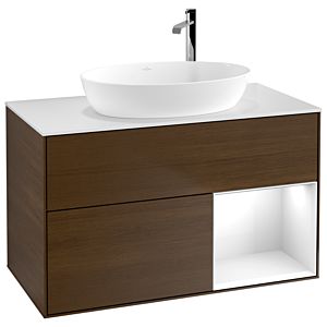 Villeroy et Boch Finion Villeroy et Boch G901GFGN 100cm, plaque de recouvrement blanc mat, emotion, étagères laqué blanc brillant, placage noyer