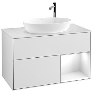 Villeroy et Boch Finion Villeroy et Boch G901GFMT 100cm, plaque de recouvrement blanc mat, Emotion, étagères laqué blanc brillant, laqué blanc mat