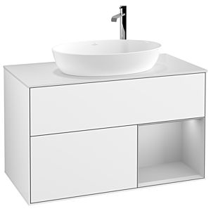 Villeroy und Boch Finion Waschtischunterschrank G901GJGF 100cm, Abdeckplatte white matt, Emotion, Regale Light grey matt lacquer, Glossy white lacquer