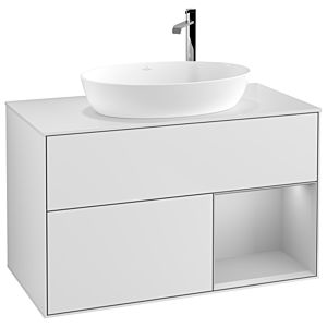 Villeroy und Boch Finion Waschtischunterschrank G901GJMT 100cm, Abdeckplatte white matt, Emotion, Regale Light grey matt lacquer, White matt lacquer