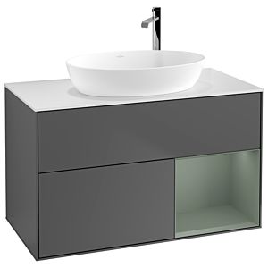 Villeroy und Boch Finion Waschtischunterschrank G901GMGK 100cm, Abdeckplatte white matt, Emotion, Regale Olive matt lacquer, Anthracite matt