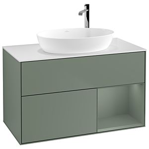 Villeroy und Boch Finion Waschtischunterschrank G901GMGM 100cm, Abdeckplatte white matt, Emotion, Regale Olive matt lacquer, Olive Matt Lacquer