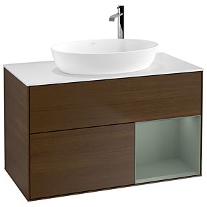 Villeroy et Boch Finion Villeroy et Boch G901GMGN 100cm, plaque de recouvrement blanc mat, Emotion, étagères laqué olive mat, placage noyer