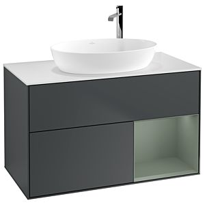 Villeroy et Boch Finion Villeroy et Boch G901GMHG 100cm, plaque de recouvrement blanc mat, Emotion, étagères laqué olive mat, Midnight Blue Matt Lacquer