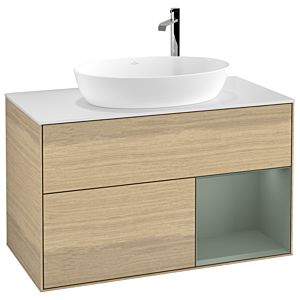 Villeroy et Boch Finion Villeroy et Boch G901GMPC 100cm, plaque de recouvrement blanc mat, Emotion, étagères laqué olive mat, Oak Veneer