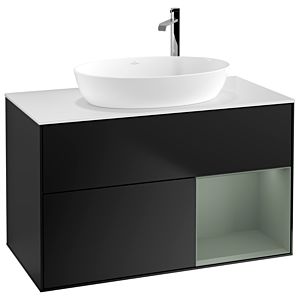 Villeroy et Boch Finion Villeroy et Boch G901GMPD 100cm, plaque de recouvrement blanc mat, Emotion, étagères laqué olive mat, laqué noir mat