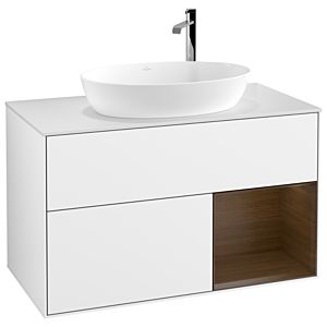 Villeroy und Boch Finion Waschtischunterschrank G901GNGF 100cm, Abdeckplatte white matt, Emotion, Regale Walnut Veneer, Glossy white lacquer
