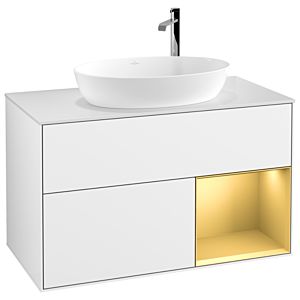 Villeroy et Boch Finion Villeroy et Boch G901HFGF 100cm, plaque de recouvrement blanc mat, Emotion, étagères laqué or mat, laqué blanc brillant