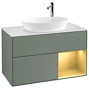 Villeroy et Boch Finion Villeroy et Boch G901HFGM 100cm, plaque de recouvrement blanc mat, Emotion, étagères laqué mat or, Olive Matt Lacquer