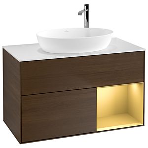 Villeroy and Boch Finion Villeroy and Boch Finion G901HFGN 100cm, cover plate white matt, Emotion, shelves gold matt lacquer, walnut veneer