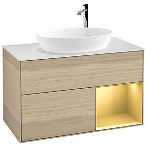 Villeroy et Boch Finion Villeroy et Boch G901HFPC 100cm, plaque de recouvrement blanc mat, Emotion, étagères laqué mat or, Oak Veneer