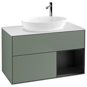 Villeroy et Boch Finion Villeroy et Boch G901PDGM 100cm, plaque de recouvrement blanc mat, Emotion, étagères laqué noir mat, Olive Matt Lacquer