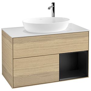 Villeroy et Boch Finion Villeroy et Boch G901PDPC 100cm, plaque de recouvrement blanc mat, Emotion, étagères laqué noir mat, Oak Veneer