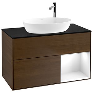 Villeroy and Boch Finion Villeroy and Boch Finion G902GFGN 100cm, cover plate black matt, Emotion, shelves Glossy white lacquer, walnut veneer