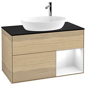Villeroy und Boch Finion Waschtischunterschrank G902GFPC 100cm, Abdeckplatte black matt, Emotion, Regale Glossy white lacquer, Oak Veneer