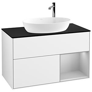 Villeroy und Boch Finion Waschtischunterschrank G902GJGF 100cm, Abdeckplatte black matt, Emotion, Regale Light grey matt lacquer, Glossy white lacquer