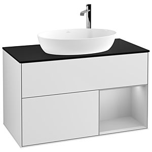 Villeroy und Boch Finion Waschtischunterschrank G902GJMT 100cm, Abdeckplatte black matt, Emotion, Regale Light grey matt lacquer, White matt lacquer