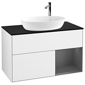 Villeroy und Boch Finion Waschtischunterschrank G902GKGF 100cm, Abdeckplatte black matt, Emotion, Regale Anthracite matt lacquer, Glossy white lacquer